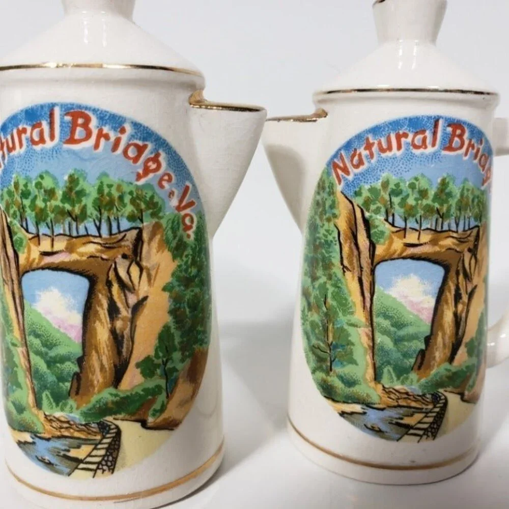 Vintage Salt Pepper Shakers Natural Bridge Virginia Ceramic Coffee Pots Corks